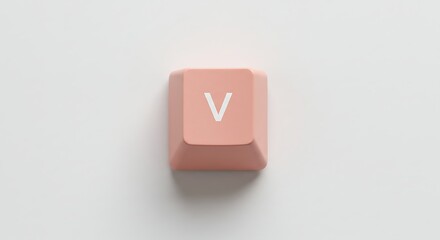 Isolated pink 'V' keycap from a mechanical keyboard on white background