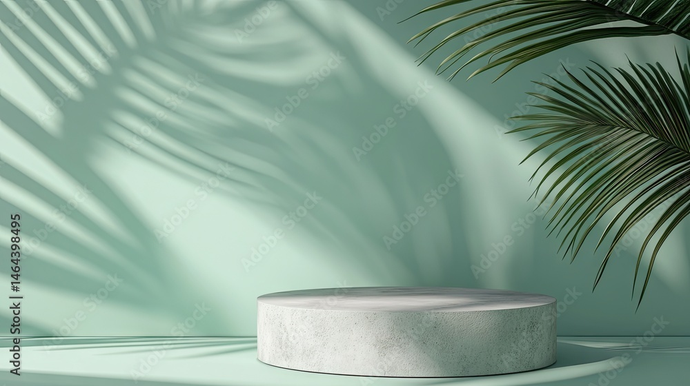 Poster a serene display featuring a circular pedestal on a soft green backdrop. with delicate palm shadows 