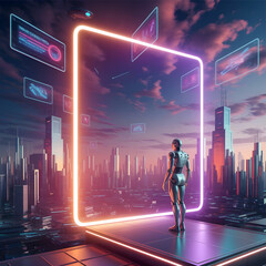 A vast, glowing interdimensional portal crackles with energy, casting an ethereal light across the desolate, metallic landscape of a distant planet