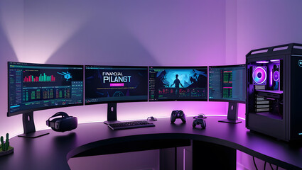 This high-resolution image captures a modern, high-tech trading room setup that doubles as a gaming workstation. The sleek black desk features four curved monitors