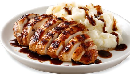 A plate of grilled chicken stake with a crisp, juicy cut, sliced and drizzled in a balsamic sauce, served alongside creamy garlic and mozzarella cheese-infused mashed potatoes