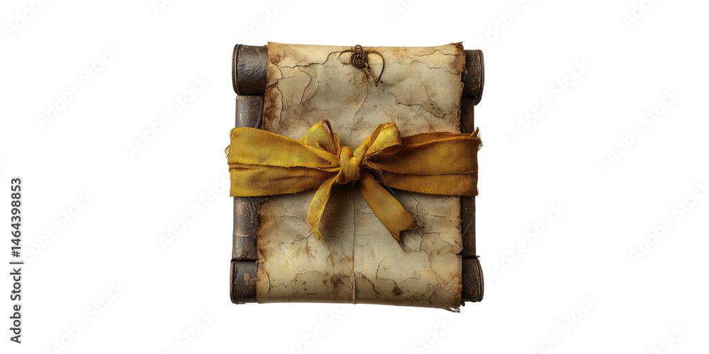 Poster ancient scroll with yellow ribbon. historical document symbolizing knowledge and tradition isolated 