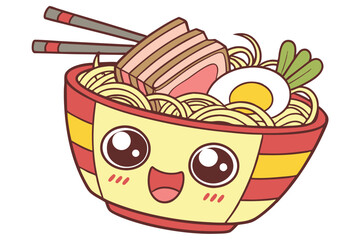 79 Cute cartoon ramen bowl character, smiling face, anthropomorphic, large eyes, red and yellow striped bowl, noodles, sliced pork, boiled egg, chopsticks, green vegetables, kawaii style, vibrant colo