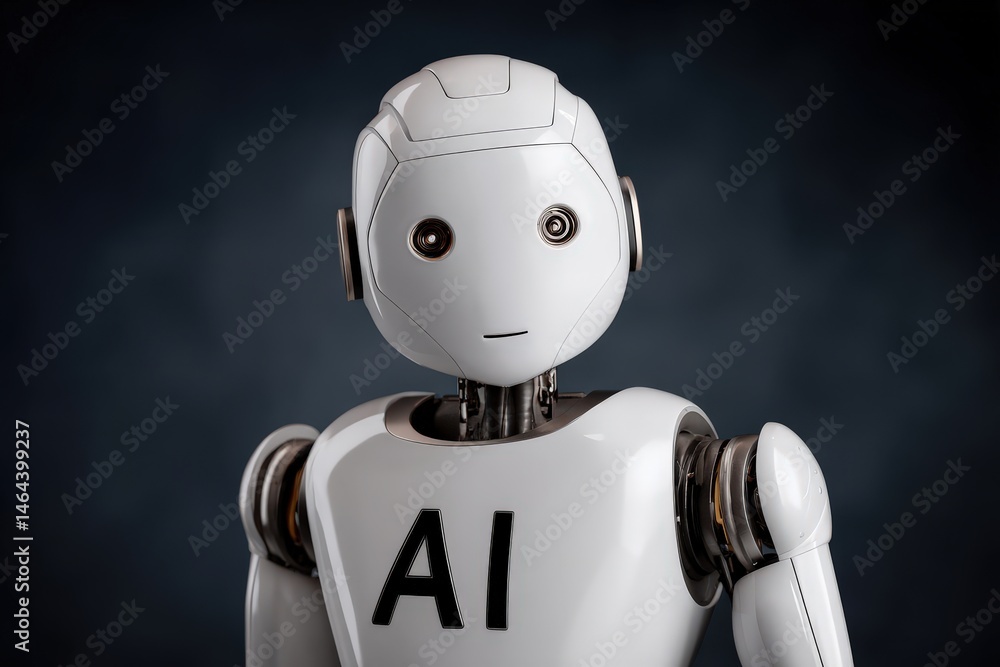 Poster futuristic humanoid ai robot with expressive eyes and sleek design reflecting technological advancem