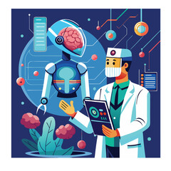 An AI-powered doctor examines a 3D model of the human brain on a holographic interface
