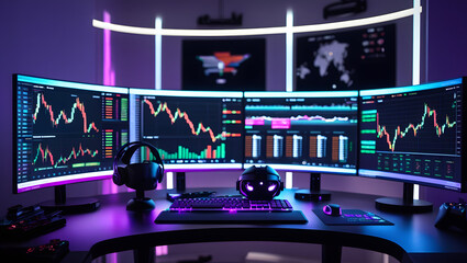 This high-resolution image captures a modern, high-tech trading room setup that doubles as a gaming workstation. The sleek black desk features four curved monitors