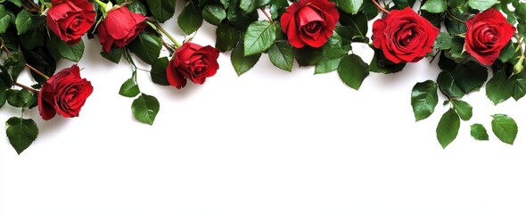 Bright Red Roses with Green Leaves on White Background, Perfect for Celebrations, Weddings, and Romantic Occasions, Captivating Floral Arrangement