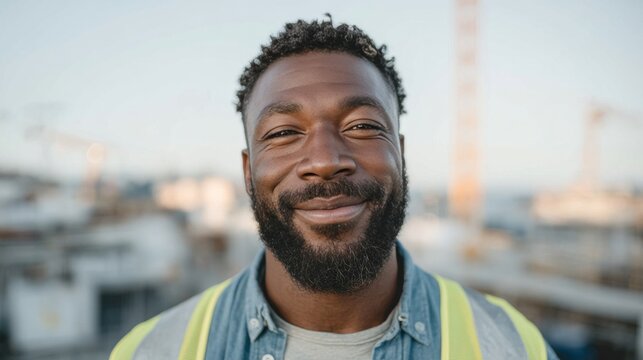 Cinematic portrait of a smiling male engineer at a modern construction site