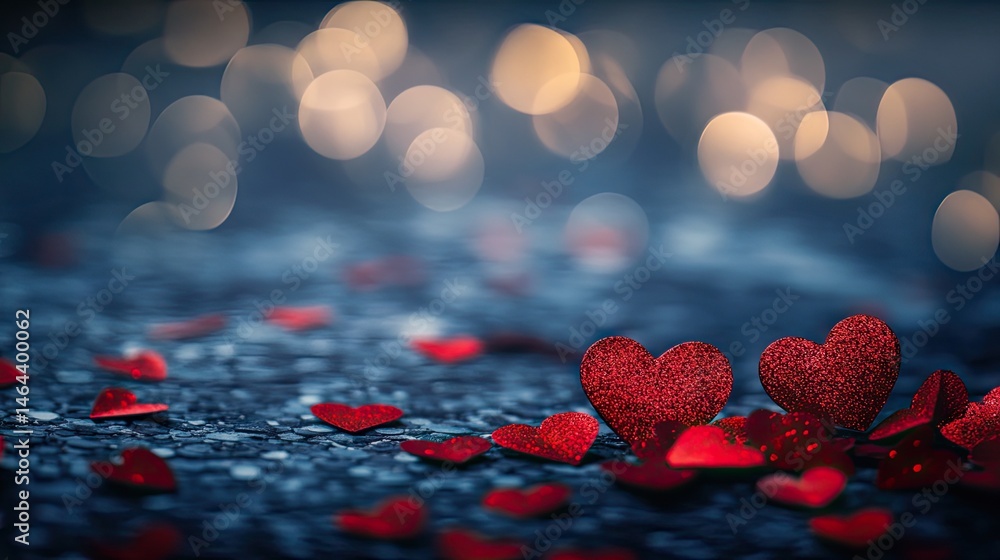 Poster a romantic arrangement of sparkling red hearts and smaller paper hearts scattered on a dark surface.