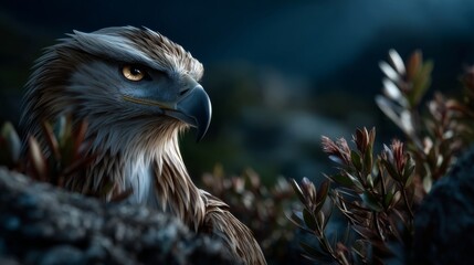 Fototapeta premium Close-up of an eagle perched on a cliff edge gazing intently downwards in sharp focus