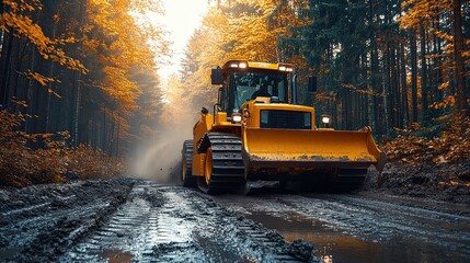 Bulldozer Forest Road Autumn.