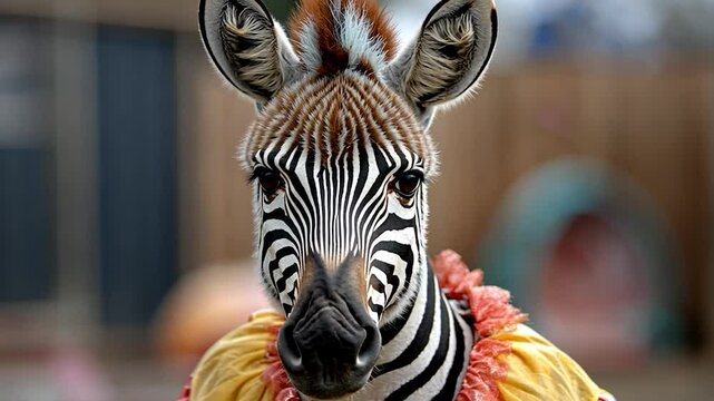 Close-up of a zebra wearing a colorful clown-like costume, outdoors with a blurred background