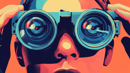 Close-up of person wea large professional binoculars with reflective lenses focusing on distant objects, indoor setting, detailed, vibrant colors, modern style