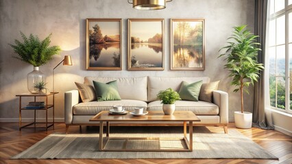 Beige Sofa Interior Design, Double Exposure Wall Art Mockup, High-Resolution Room Photography