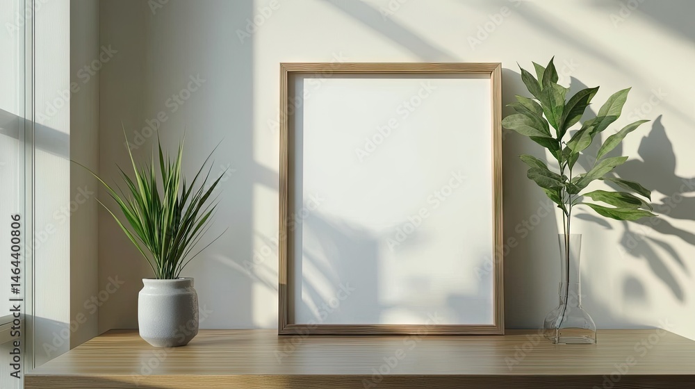 Poster a serene interior scene featuring a blank wooden frame against a textured wall. with a vase of pampa