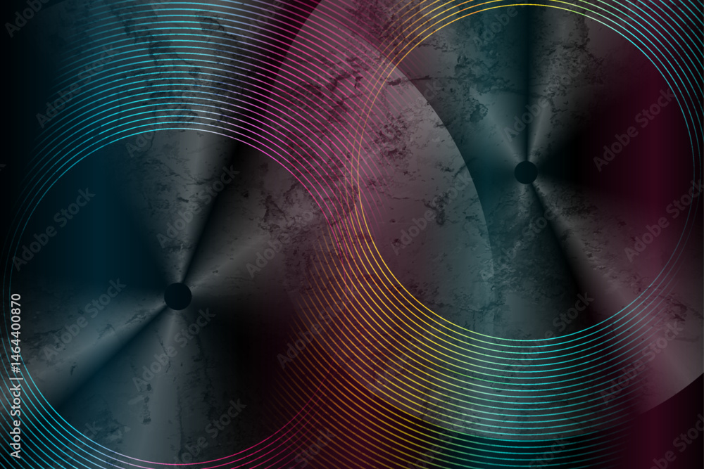 Aufkleber Abstract colorful linear circles on dark grunge background. Concept shiny glossy metallic effect. Futuristic retro vector design