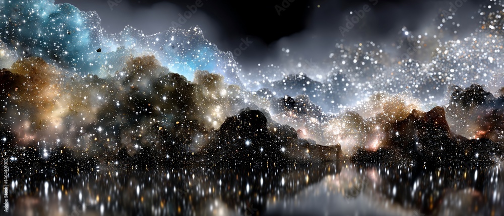 Poster celestial nebula and reflection; colorful space scenery with a cosmic glow