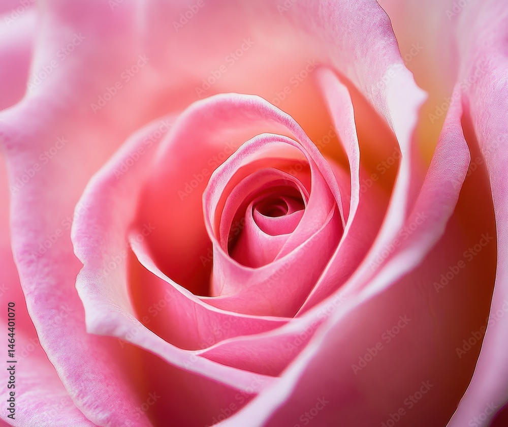 Poster close-up view of a delicate pink rose petals in soft focus highlighting the beautiful spiral shape a