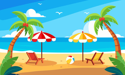 Cartoon beach scene with Palm trees, sun loungers and umbrellas, summer holiday or vacation concept