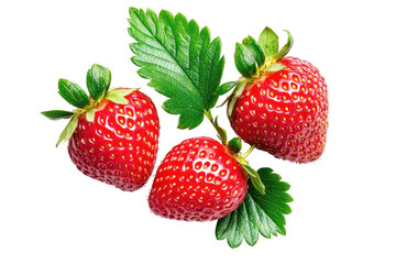 Juicy red strawberries and green leaves isolated on white background ideal for healthy eating graphics