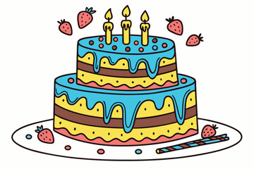 80 Colorful three-tiered birthday cake, lit candles, frosting decoration, cheerful design, cartoon style, vibrant colors, blue and yellow icing, chocolate layer, sprinkles, strawberry details, festive