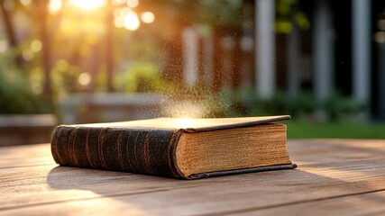 Aged book with worn leather cover rests on wooden table, illuminated by warm sunset light. Dust motes dance in the golden rays, creating a magical atmosphere