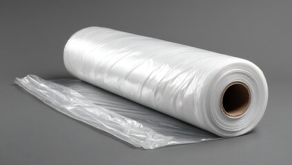 Fototapeta premium A roll of white plastic wrap on top, with an unrolling piece next to it and the end of that wrapped in polyethylene film sheets