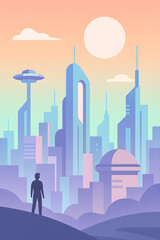 Futuristic Pastel Cityscape in Flat Design Style