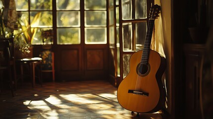 Warm sunlight streams into a room with a classical guitar.