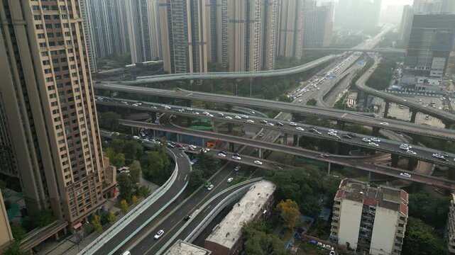 traffic in the city of Chengdu, China, Drone shot 4K, topshot, aerial
