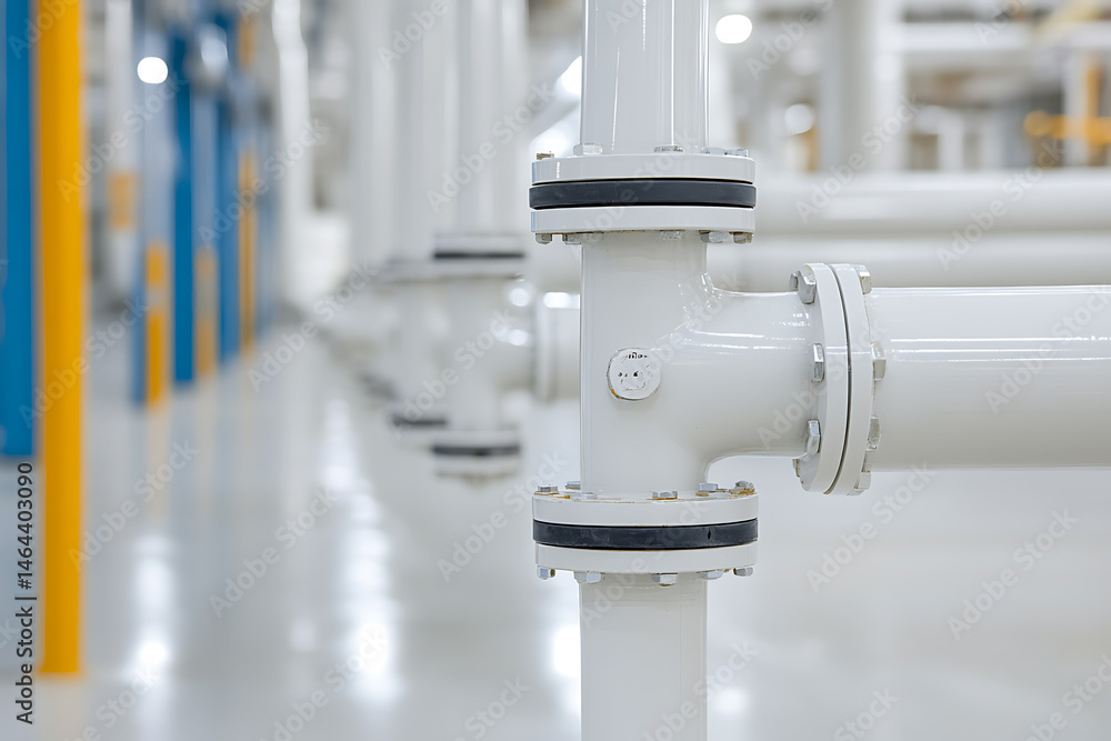 Poster pipes connect in a clean factory setting. the lines and joints are well-maintained and secure. backg