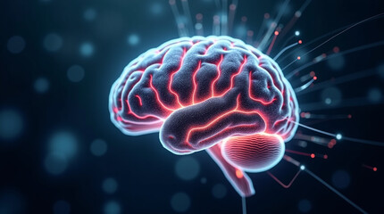 Futuristic 3D human brain with glowing neural networks, floating in digital space, close-up and microphotography style