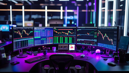 This high-resolution image captures a modern, high-tech trading room setup that doubles as a gaming workstation. The sleek black desk features four curved monitors