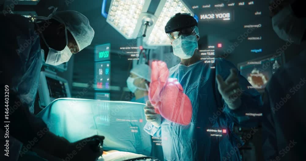 Poster diverse team or surgeons in a modern operating room using augmented reality technology, projecting 3