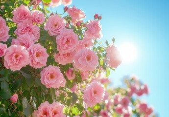 Delicate Pink Roses Blooming Under Bright Blue Sky With Soft Sunlight Glowing, Showcasing Nature's Beauty and Vibrancy in a Romantic Garden Setting