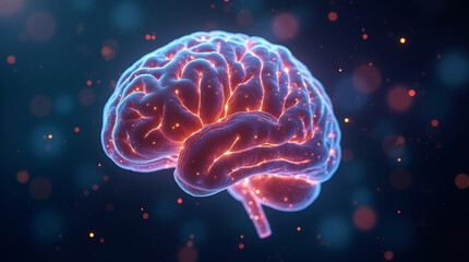 Fototapeta premium Futuristic 3D human brain with glowing neural networks, floating in digital space, close-up and microphotography style