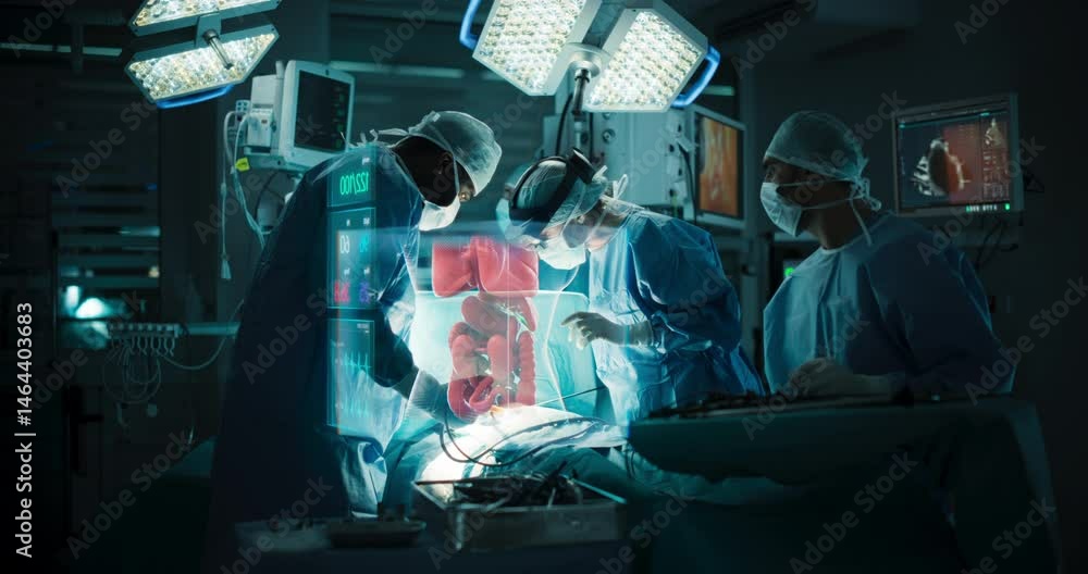 Poster Team of Surgeons Performing an Operation. Female Consults the Augmented Reality Display that Projects a 3D Model of Patient's Organs. Headset Helps to Visualize Placement for Surgical Instruments