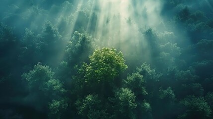 Fototapeta premium Cinematic Aerial View of Dense Jungle Canopy with Sunlight Rays, Misty Atmosphere, and Dramatic Lighting