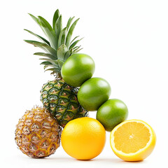 Vibrant tropical fruits pineapple limes and orange on white background