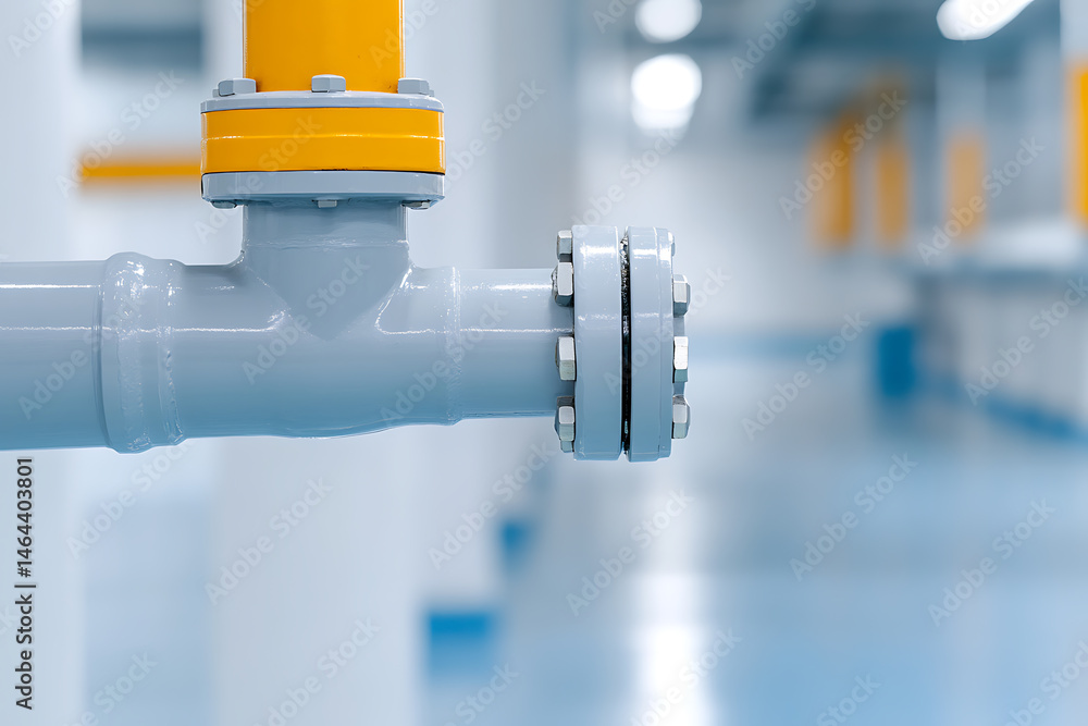 Poster industrial pipeline with bolted flanges and vibrant yellow connectors in a sterile environment. prec