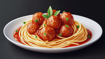 Close up of spaghetti with meatballs in tomato sauce served on white plate perfect for food styling
