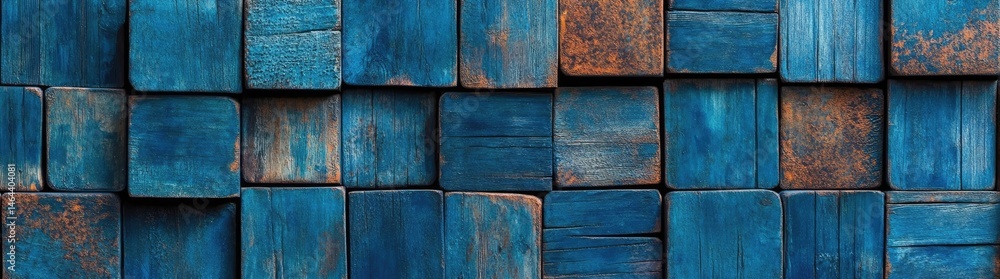 Poster a vibrant blue wooden wall with a rustic texture. featuring weathered planks that showcase hues of b