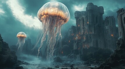 Dreamy surreal landscape, translucent giant jellyfish floating in old abandoned castle, ethereal atmosphere under mysterious moonlight, fantasy style painting, otherworldly adventure concept