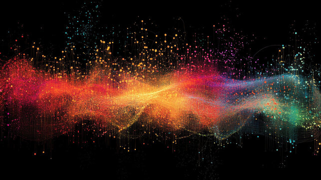 Vibrant colorful illuminated particles flowing and dispersing across a dark background creating a dynamic abstract digital light display with sparkling effects