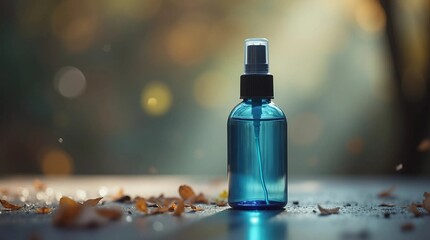 Blue spray bottle on a ground with autumn leaves and bokeh. A concept of hygiene and protection against germs or insect repellent during Fall season outside.