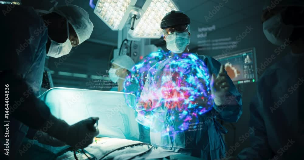Poster female surgeon wearing a headset, using augmented reality technology in a high-tech operating room. 