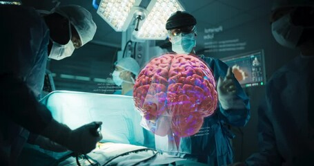 Female Surgeon Carefully Makes an Incision, Her Augmented Reality Headset Displaying a Transparent 3d Model of the Patient's Brain. Real-time Visualization Helps Her Navigate the Tumor - Powered by Adobe
