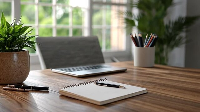 A close-up shot of a clean and organized wooden desk with a laptop, notebook, pens, pencils, and a potted plant. Natural light streams in from a window in the background, creating a bright and airy