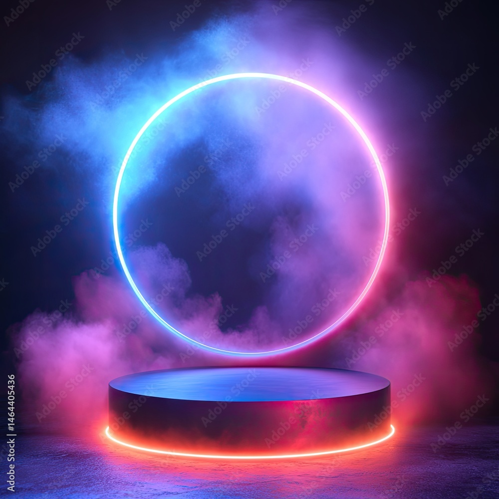 Poster a vibrant neon-lit circular stage surrounded by colorful fog. creating an atmospheric backdrop. idea