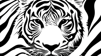 Fototapeta premium Black and White High Contrast Illustration of a Fierce Wild Tiger with Detailed Stripes and Intense Eyes for Artistic, Nature, and Wildlife Themes